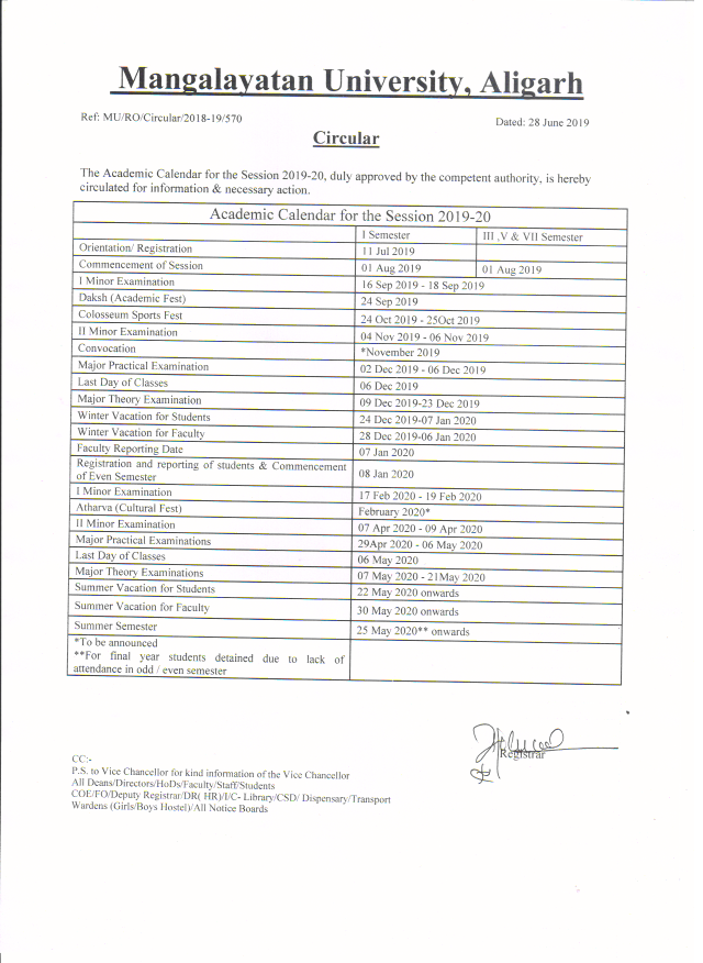 Academic Calendar Mangalayatan University Aligarh